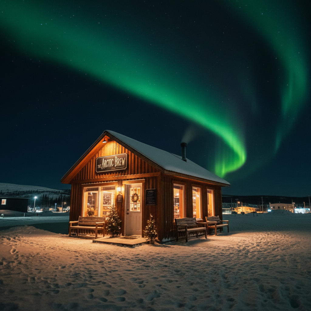 Boreal Brew Co. exterior under the aurora